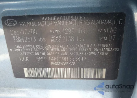 2009 Hyundai Sonata Gls из США, поврежденный, VIN 5NPET46C19H553892